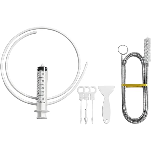 7-Piece Refrigerator Drain Hole Cleaner Kit, 60in Flexible Fridge Drain Cleaning Brush & Hose Set with Syringe, Plungers and Shovel for Unclogging Fridge Water Line & Dispenser