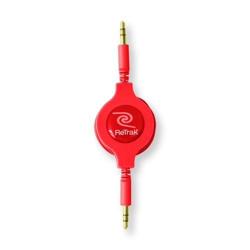 ReTrak Retractable AUX 3.5mm Audio Cable, Red (ETCABLE35RED) - color: Red, size: 5- Feet
