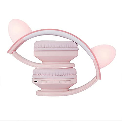 PowerLocus Bluetooth Headphones for Kids, Wireless Foldable Headphones Over Ear, Headphone with Microphone, 85DB Volume Limit, Wireless and Wired Headset with Micro SD, FM for Cellphones, Tablets, PC - color: Pink Cat Ears