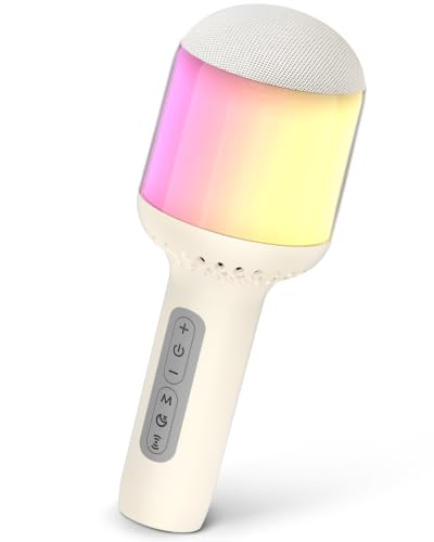 Wireless Bluetooth Karaoke Microphone with Dynamic Lights, Portable Handheld Mic, 6 Sound Effects, 10H Battery, Perfect for Kids Singing, Home Parties, Duet - Gift Idea, Works with All Smartphones