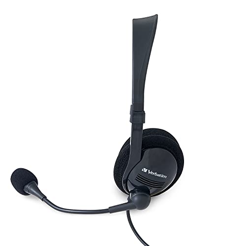 Verbatim Stereo USB Headset with Microphone and in-Line Remote | 3.5mm wired headset with in-line remote and adjustable microphone for calls, conferencing and learning