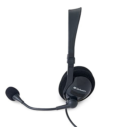 Verbatim Stereo USB Headset with Microphone and in-Line Remote | 3.5mm wired headset with in-line remote and adjustable microphone for calls, conferencing and learning