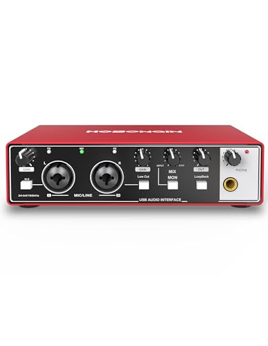 HOSONGIN 초보자를 위한 USB 오디오 인터페이스 - 24비트/192kHz, 48V 팬텀 파워, 팟캐스트/보컬/기타/유튜브, PC/맥/iOS 호환 플러그 앤 플레이 녹음, 뉴 레드 메탈)
