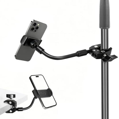 Mic Stand Phone Holder, Aluminum Alloy Clamp Flexible Gooseneck Arm Phone Holder for Microphone Stand Ring Light Tripod Pole Tube Rod Desk Table, for iPhone, Samsung Galaxy, and Any Smartphones