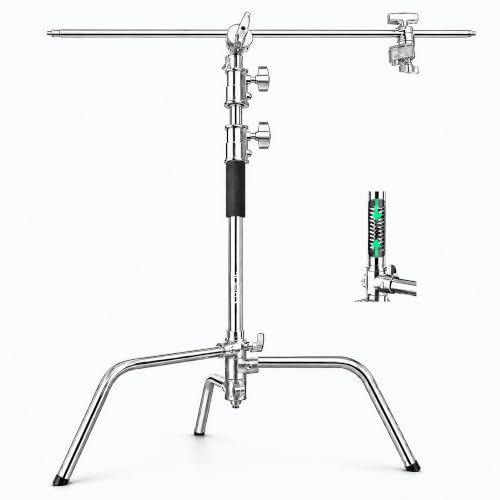10.8ft Heavy Duty Stainless Steel C Stand with Boom Arm | 4.2ft/128cm arm, 2 grip heads, 20kg center column load for studio lights, softboxes & reflectors - size: 330cm