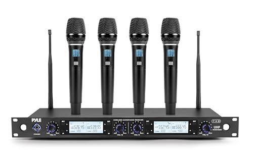 Pyle 4 Channel Wireless Microphone System with 4 Handheld Wireless Mics, UHF Cordless Microphones with Selectable Frequencies, Rack Mount Receiver for Karaoke, Church, DJ, Singing & PA Systems - style: 4-Channel Handheld