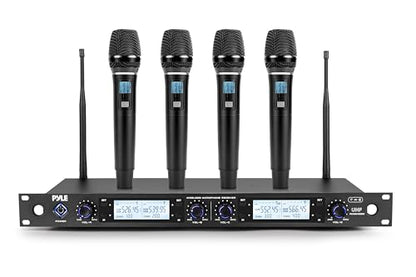 Pyle 4 Channel Wireless Microphone System with 4 Handheld Wireless Mics, UHF Cordless Microphones with Selectable Frequencies, Rack Mount Receiver for Karaoke, Church, DJ, Singing & PA Systems - style: 4-Channel Handheld