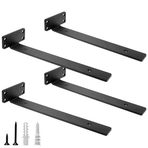 HITOMEN Heavy Duty Floating Shelf Brackets, 12-Inch (1/5'' Thick) Hidden Shelves Hardware, Iron L Brackets, Rustic Industrial Black Metal Wall Shelving Supports, 4 Pack - size: 12 Inch, style: 4 Pack