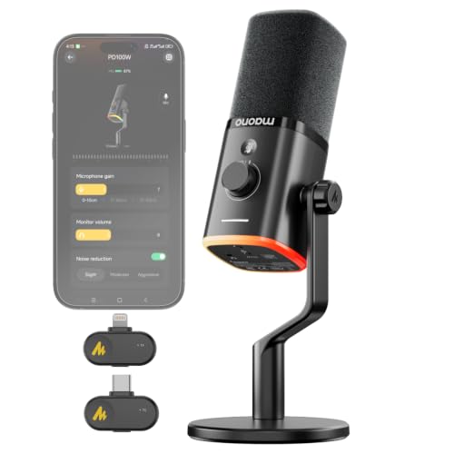 MAONO PD100W Wireless Dynamic Microphone for iPhone, Android & PC (Black) | USB-C & Lightning Receivers, Noise Reduction,RGB Lighting, Software EQ, for Gaming, Streaming and Content Creation - color: Black