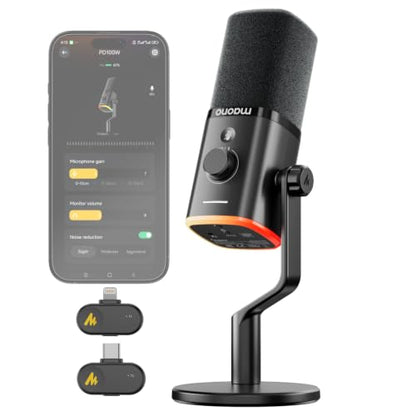 MAONO PD100W Wireless Dynamic Microphone for iPhone, Android & PC (Black) | USB-C & Lightning Receivers, Noise Reduction,RGB Lighting, Software EQ, for Gaming, Streaming and Content Creation - color: Black