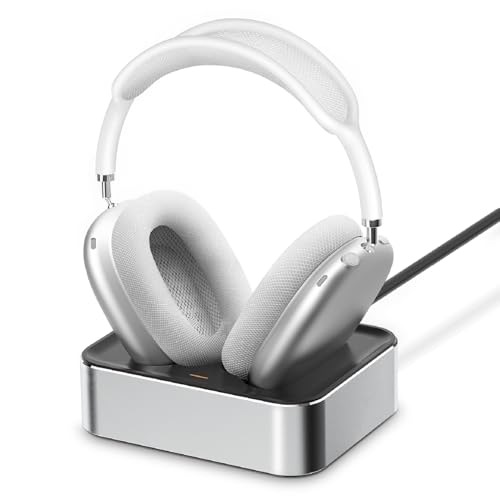 Headphone Charging Station for AirPods Max 1 & 2 - Magnetic Charger Dock with Lightning & USB-C Connectors, LED Indicator, Easy Drop-in Charging (Platinum) - color: Platinum