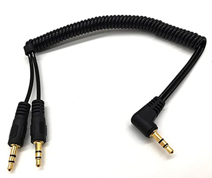 Stereo Audio Splitter Cable, Coiled 90 Degree 3.5mm Male to 2 Male Spring Headphone Y Splitter Cable for Home/Car, Phone, Headset and Speakers - color: 90 degree 3.5mm 1 male/2 male