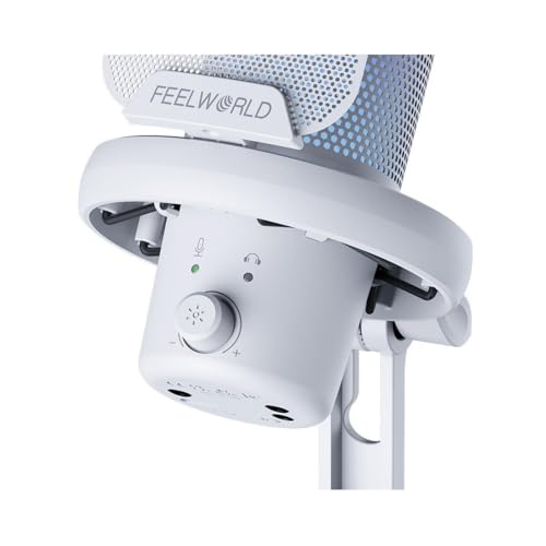 FEELWORLD VM1 USB Condenser Gaming Microphone for Streaming Noise Cancellation Mute RGB Light One-Key Mute Desktop Stand (White)