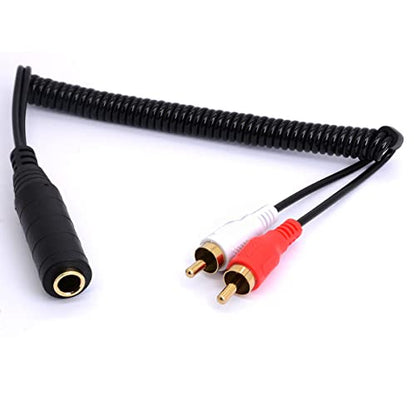 Coiled 6.35mm to 2 RCA Y Splitter Cable (80cm/2.6ft) | Spring Gold-Plated 6.35mm (1/4 inch) TRS Female to 2 (Dual) RCA Male Stereo Audio Y Splitter Adapter(for Audio only)