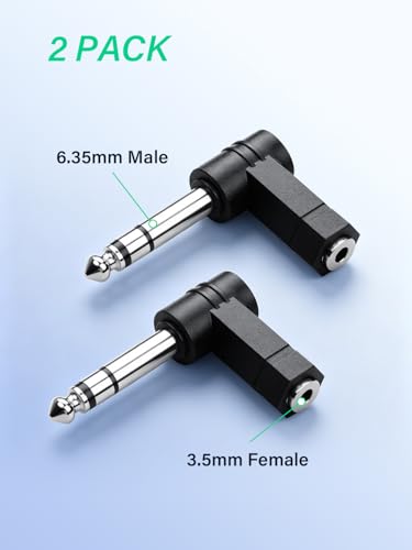 6.35mm Right Angle to 1/8" TRS Adapter,6.35mm 90 Degree Male to 3.5mm Female Stereo Audio Connector for Headphone, MP3, PC (2-Pack)