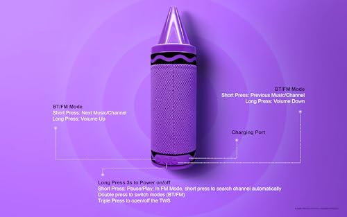 Crayola Kids Crayon Speakers Bluetooth, Portable Bluetooth Speakers | 20W Peak Power HD Sound, Mini Bluetooth Speaker Wireless with TWS Pairing BT 5.3, FM Radio Home/Party/Outdoor/Travel - color: Purple