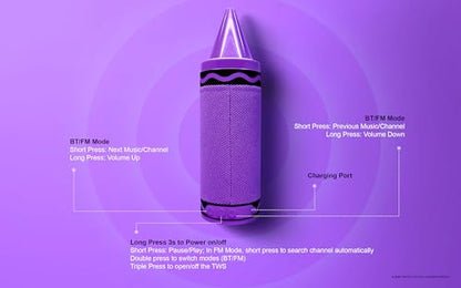 Crayola Kids Crayon Speakers Bluetooth, Portable Bluetooth Speakers | 20W Peak Power HD Sound, Mini Bluetooth Speaker Wireless with TWS Pairing BT 5.3, FM Radio Home/Party/Outdoor/Travel - color: Purple