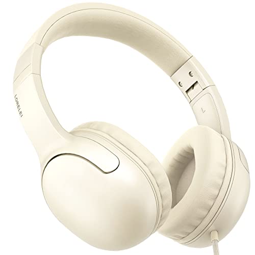 LORELEI E5 Wired Headphones for Kids Foldable & 3.5mm Jack Tangle Free Nylon Wire Stereo On Ear Headsets for Kids/Children/School/Tablet/Ipad/Kiddle/Plane (Beige White) - color: Beige White