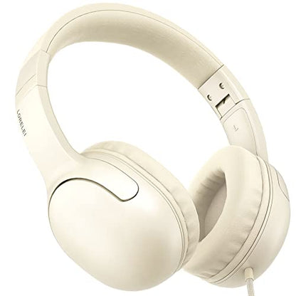 LORELEI E5 Wired Headphones for Kids Foldable & 3.5mm Jack Tangle Free Nylon Wire Stereo On Ear Headsets for Kids/Children/School/Tablet/Ipad/Kiddle/Plane (Beige White) - color: Beige White