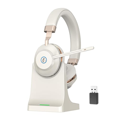 Wireless Headset with Mic for Work, Bluetooth Headset with Microphone Mute & USB Dongle, 45HrsWireless Headphones with Mic Noise Canceling& Charging Dock for WFH/Call Center/PC/Teams/Trucker/Office