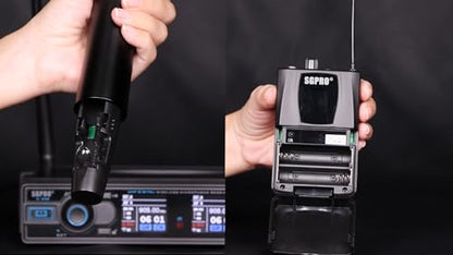 SGPRO D-332HB Dual UHF Wireless Microphone System, Handheld and Bodypack | Handheld, head-worn and lavalier mics, Karaoke, DJ, church, classroom, live performance and PA systems
