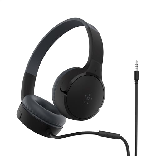 Belkin SoundForm Mini Wired Kids Headphones, On Ear, 3.5mm | Toddler headphones, built-in mic, 85dB safe volume limit, durable design, online learning, classroom, travel - color: Black, style: Wired