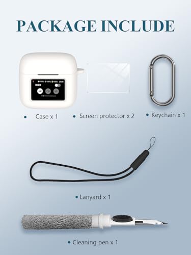 Case for JBL Tour Pro 3 - True Wireless Noise Cancelling Earbuds, Soft Silicone Protective Portable Scratch Shock Resistant with 2pack Screen Protector &Cleaner Kit & Carabiner & Lanyard，White - color: WHITE