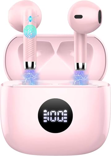 Jxrev Wireless Bluetooth 5.4 Earbuds, 6D Stereo Ear Buds, LED Power Display | Bluetooth Earbuds in-Ear Noise Cancelling Mic, 40H Playback, Mini Case, IP7 Waterproof Sports Earphones, for Android iOS - color: peach pink
