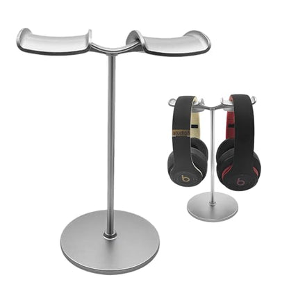 Dual Headphone Stand for Desk | Stable, Portable, Space Saving, Multi Headphone Holder, Home, Office, Desktop, Gaming Setup - color: Silver