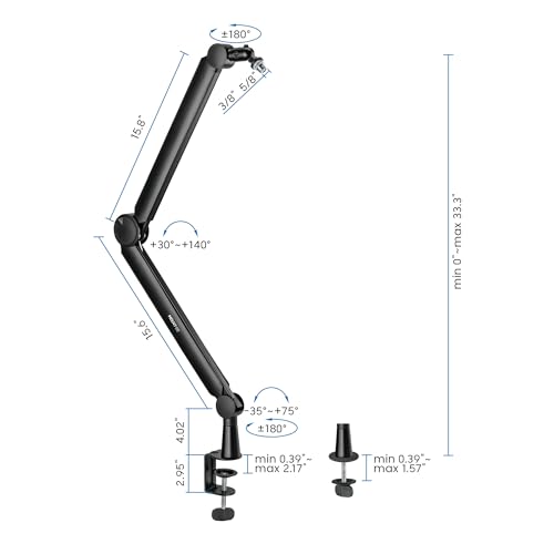 Mount-It! Mic Arm, Microphone Boom Arm, Adjustable Full Motion Mic Desk Mount, for Streaming, Gaming, Podcast, Recording, 3/8" and 5/8" Compatible, Height up to 33.3", Black