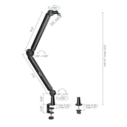 Mount-It! Mic Arm, Microphone Boom Arm, Adjustable Full Motion Mic Desk Mount, for Streaming, Gaming, Podcast, Recording, 3/8" and 5/8" Compatible, Height up to 33.3", Black