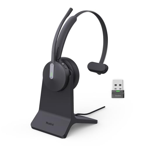 Yealink BH70 with Stand Wireless Bluetooth Headset with Microphone for Work, up to 35h Talking Battery Life, 3 Noise Cancellation Mics, Teams Certified, ≤90min Fast Charging, NO Power Adapter Needed - color: Black(Mono+stand), style: Teams(USB-A)