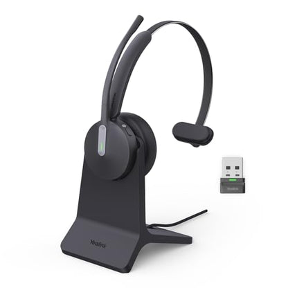 Yealink BH70 with Stand Wireless Bluetooth Headset with Microphone for Work, up to 35h Talking Battery Life, 3 Noise Cancellation Mics, Teams Certified, ≤90min Fast Charging, NO Power Adapter Needed - color: Black(Mono+stand), style: Teams(USB-A)