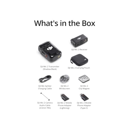 DJI Mic 2 (1 TX + 1 RX), Wireless Mic with Intelligent Noise Cancelling | 32-bit Float Internal Recording, Optimized Sound, 250m (820 ft.) Range, Microphone for iphone, Android, Camera, Vlogs