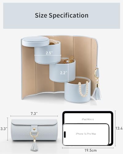 VLANDO Travel Jewelry Organizer, 3 Tier Roll Up Design, Hard Shell Storage | Stepped Sections Compartments Keep Jewelry Visible, Soft Lining Protect Pieces, Snap Closure, Travel Gift for Women Girl - color: Light Blue