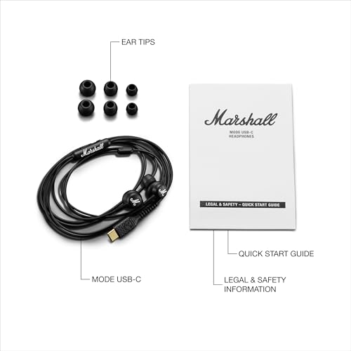 Marshall Mode USB-C 유선 이어버드 - 내장 마이크 | 맞춤형 핏 | 엉킴 방지 코드 | 다이나믹 드라이버 - 블랙