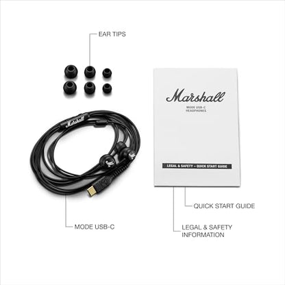 Marshall Mode USB-C 유선 이어버드 - 내장 마이크 | 맞춤형 핏 | 엉킴 방지 코드 | 다이나믹 드라이버 - 블랙
