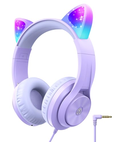 iClever HS20 Kids Headphones for Toddler Girls, Cat Ear LED Light Up School | SafeSound Tech, 3.5mm Wired Foldable FunShare, Stereo Sound, Over-Ear Headphones for Kids for iPad/Tablet/Travel/Gift, Purple - color: Purple