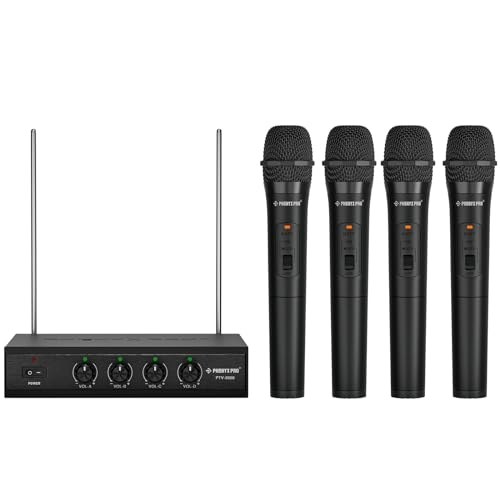 Phenyx Pro 4-Channel VHF Handheld Wireless Microphone System PTV-2000-4H | 4 Dynamic Handheld Mics, Metal Receiver, Long Range, Karaoke, Church Services, Singing