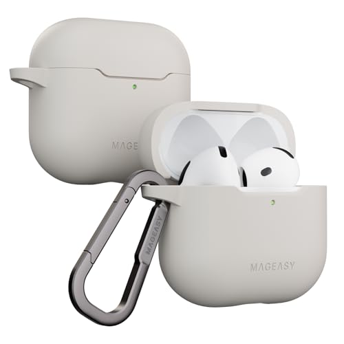 MAGEASY Skin Case for AirPods 4 (2024) with Carabiner Clip, Shockproof Protective TPU AirPods 4th Generation Cover, Stain-Resistant, Smooth Soft-Touch, Wireless Charging Compatible (Starlight White) - color: Starlight White, size: AirPods 4