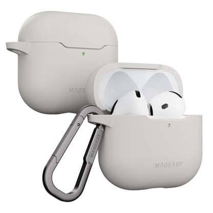 MAGEASY Skin Case for AirPods 4 (2024) with Carabiner Clip, Shockproof Protective TPU AirPods 4th Generation Cover, Stain-Resistant, Smooth Soft-Touch, Wireless Charging Compatible (Starlight White) - color: Starlight White, size: AirPods 4