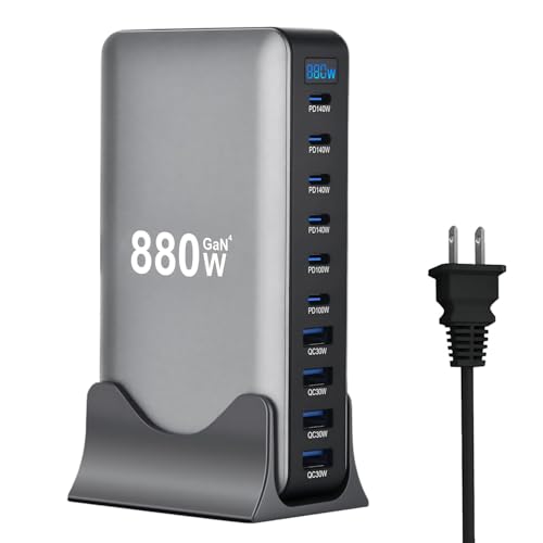 880W USB C Fast Charger Block, 10 Ports GaN IV Pro USB Chagring Station, 140W PD QC HUB for Multiple Devices, Laptop Adapter Compatible with MacBook Pro/Air iPad iPhone Pro Max, Galaxy, Dell, HP - size: 880W-6C4A
