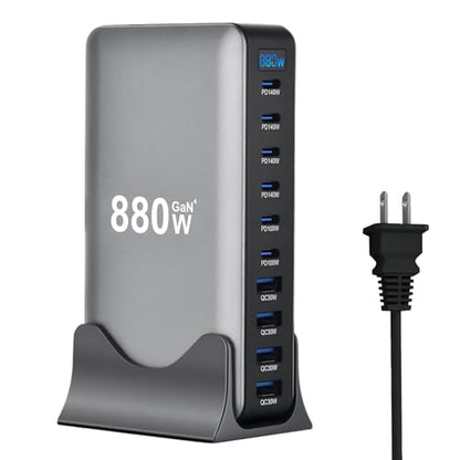 880W USB C Fast Charger Block, 10 Ports GaN IV Pro USB Chagring Station, 140W PD QC HUB for Multiple Devices, Laptop Adapter Compatible with MacBook Pro/Air iPad iPhone Pro Max, Galaxy, Dell, HP - size: 880W-6C4A