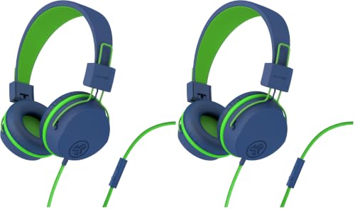 JLab JBuddies Studio Kids on-Ear Wired Headphones with mic, Volume Limiter, Folding, Adjustable, Noise Isolation, Blue/Green (Pack of 2) - color: Blue/Green, size: Headphones (Pack of 2)