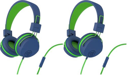 JLab JBuddies Studio Kids on-Ear Wired Headphones with mic, Volume Limiter, Folding, Adjustable, Noise Isolation, Blue/Green (Pack of 2) - color: Blue/Green, size: Headphones (Pack of 2)