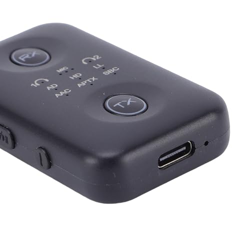 Jiawu Bluetooth Transmitter Receiver, Bluetooth 5.4 Ultra Low Latency Wireless Audio Adapter, Rotatable Audio Jack with Builtin 300mAh Battery USB Type C Charging 12m Range for