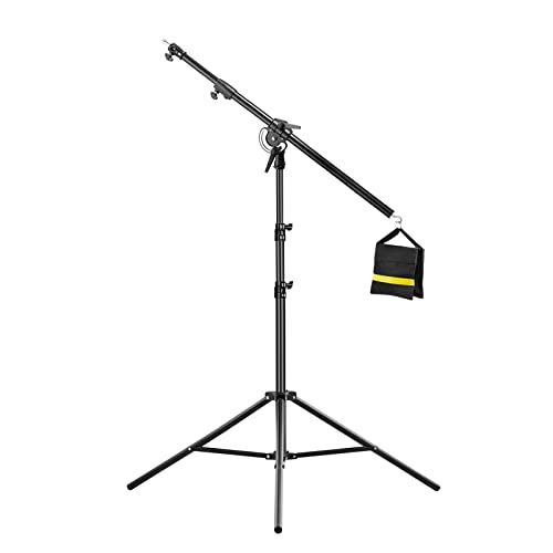 Heavy Duty Light Stand with Boom Arm, 10ft/300cm Metal Adjustable Air-Cushioned Tripod Stand, 5.2ft/158cm Holding Arm and Sandbag for Photography Studio Outdoor Monolight Softbox Reflector