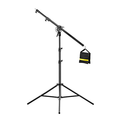 Heavy Duty Light Stand with Boom Arm, 10ft/300cm Metal Adjustable Air-Cushioned Tripod Stand, 5.2ft/158cm Holding Arm and Sandbag for Photography Studio Outdoor Monolight Softbox Reflector