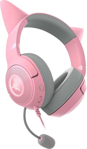 Razer Kraken Kitty V2 USB Wired RGB Headset: Chroma Kitty Ears - Stream Reactive Lighting - HyperClear Cardioid Mic - Triforce 40 mm Drivers - 7.1 Surround Sound - Quartz Pink (Renewed)