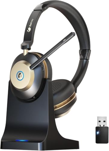 Earbay 5.3 Bluetooth Headset, Wireless Headset with Noise Canceling Mic & USB Dongle, 50Hrs Wireless Headphones with Mic Mute & Charge Dock, for Calls, Perfect for PC, Laptop, Phone, Teams and Zoom